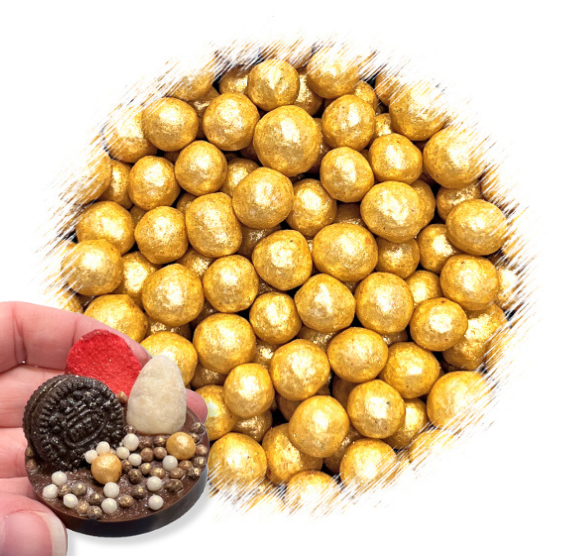 Sprinkle-It® 6mm Chocolate Crispy Pearls: Shimmer Gold | www.sprinklebeesweet.com