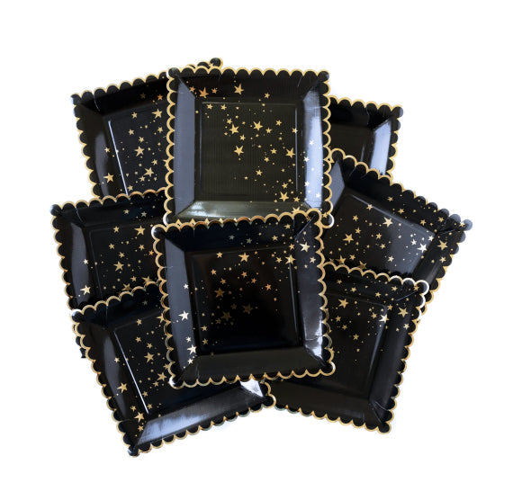 Scallop Edge Black Plates with Gold Foil Stars | www.sprinklebeesweet.com