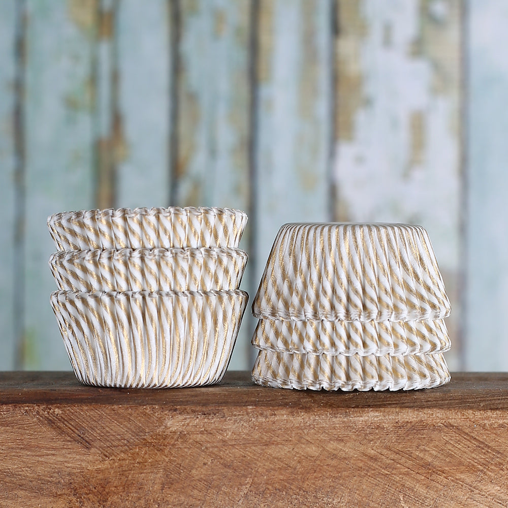Bulk Mini Gold Cupcake Liners: Stripe | www.sprinklebeesweet.com