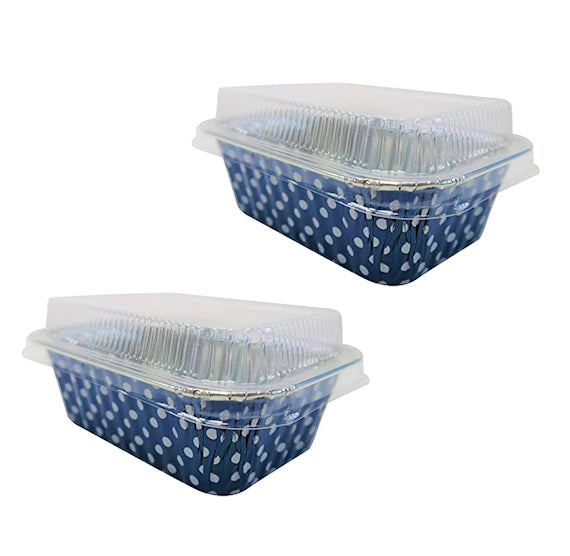 Mini Foil Loaf Pans with Lids: Polka Dot Navy | www.sprinklebeesweet.com