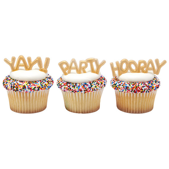 Gold Celebration Balloon Words Cake & Cupcake Toppers | www.sprinklebeesweet.com