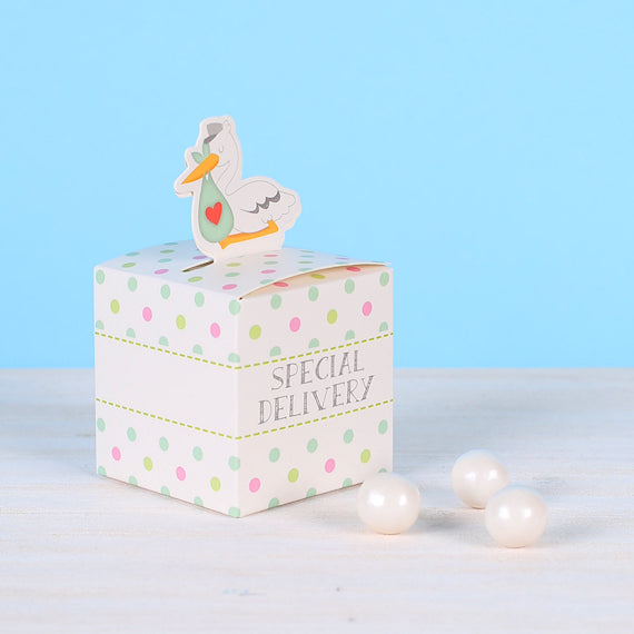 Small Favor Boxes: Stork | www.sprinklebeesweet.com