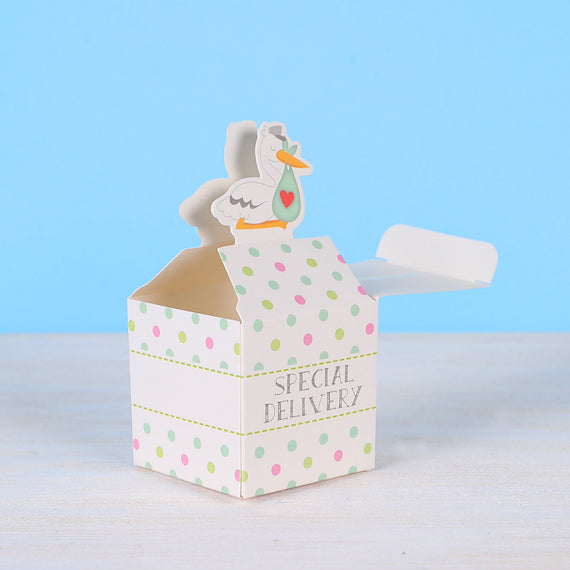 Small Favor Boxes: Stork | www.sprinklebeesweet.com
