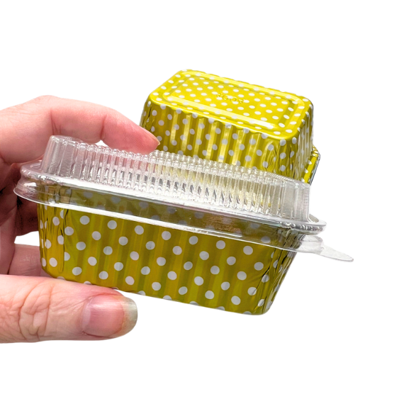Mini Foil Loaf Pans with Lids: Polka Dot Chartreuse - LAST SET OF 60 | www.sprinklebeesweet.com