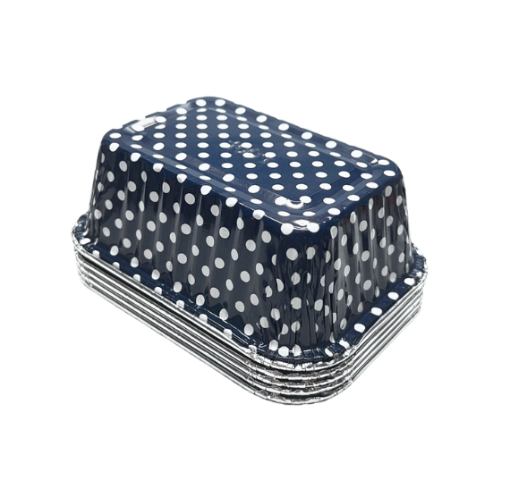Mini Foil Loaf Pans with Lids: Polka Dot Navy - LAST SET OF 250 | www.sprinklebeesweet.com