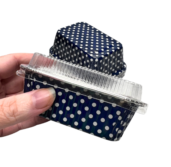 Mini Foil Loaf Pans with Lids: Polka Dot Navy - LAST SET OF 250 | www.sprinklebeesweet.com