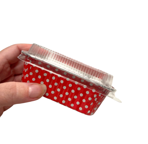 Mini Foil Loaf Pans with Lids: Polka Dot Red | www.sprinklebeesweet.com