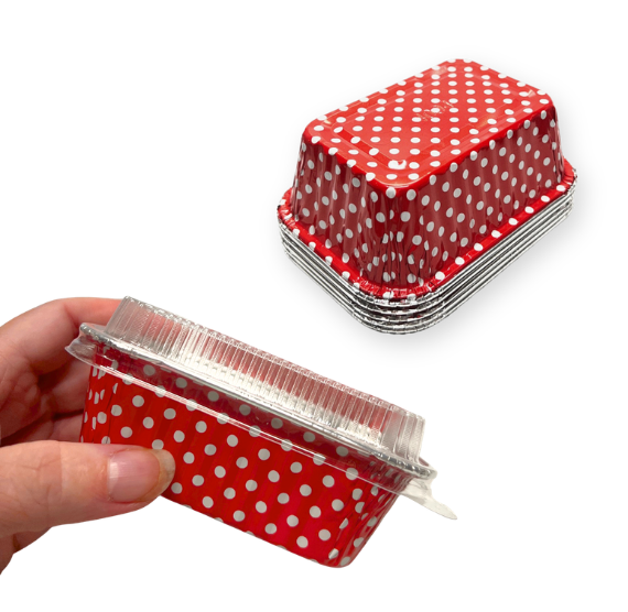 Mini Foil Loaf Pans with Lids: Polka Dot Red | www.sprinklebeesweet.com