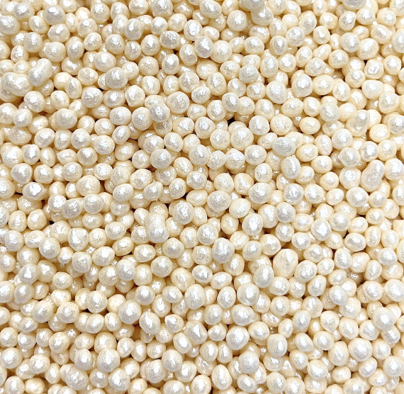 Bulk Sprinkle-It® Tiny Chocolate Crispy Pearls: Shimmer White 3mm | www.sprinklebeesweet.com