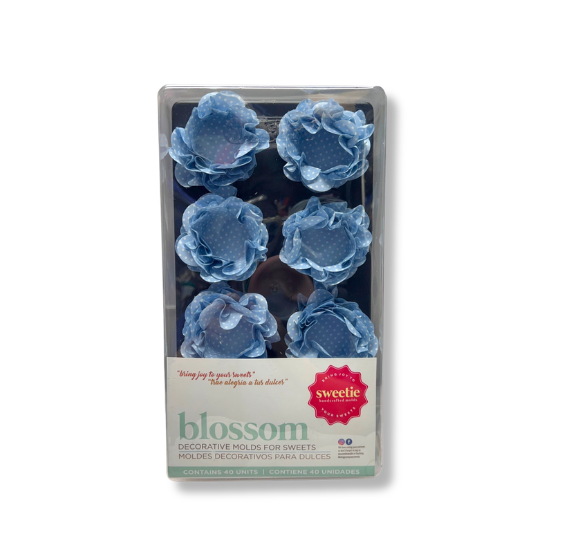 Blossom Flower Candy Cups: Light Blue w/ White Dots - WHOLESALE CASE | www.sprinklebeesweet.com