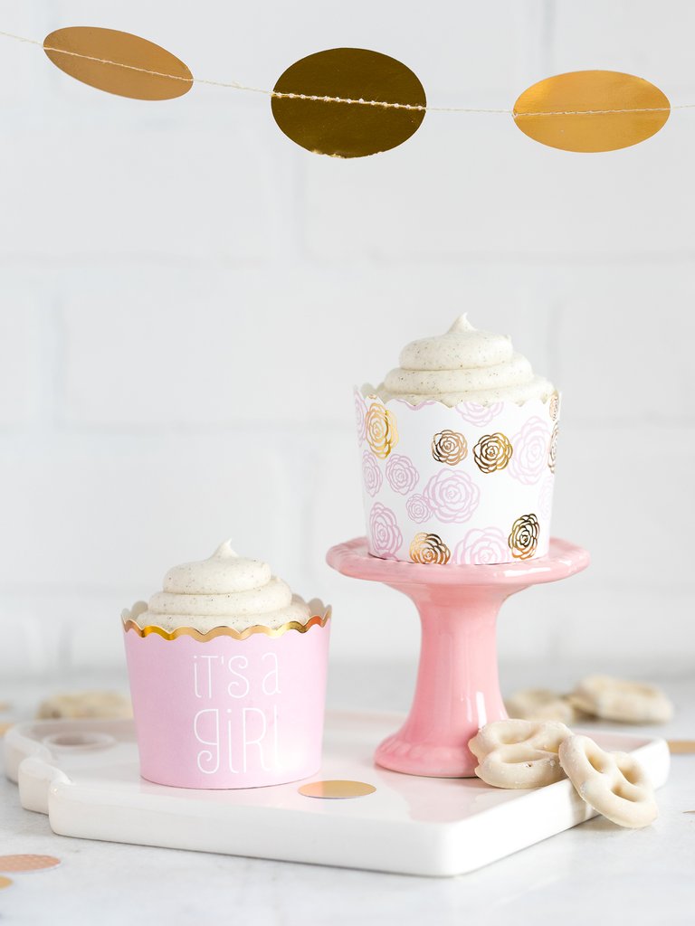 Pink + Gold Baking Cups: It's A Girl | www.sprinklebeesweet.com