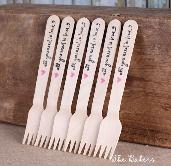Wedding Small Wooden Dessert Forks with "all you need is love" Pink Heart (18) | www.sprinklebeesweet.com
