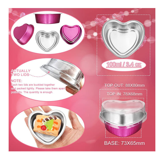 Heart Shaped Cake Pans Valentine Aluminum Mini Cake Pans with Lids for  Baking 3.4 Ounces Disposable Cupcake Cup Pan Baking Pans 