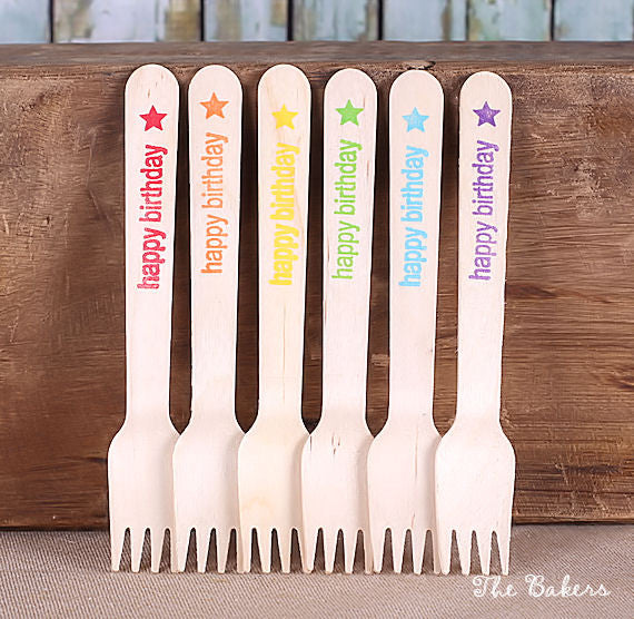 Small Happy Rainbow Wooden Forks: Happy Birthday | www.sprinklebeesweet.com
