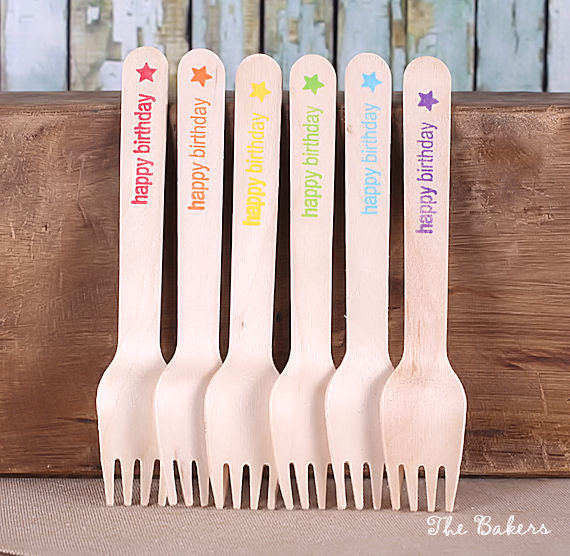 Happy Rainbow Wooden Forks: Happy Birthday | www.sprinklebeesweet.com