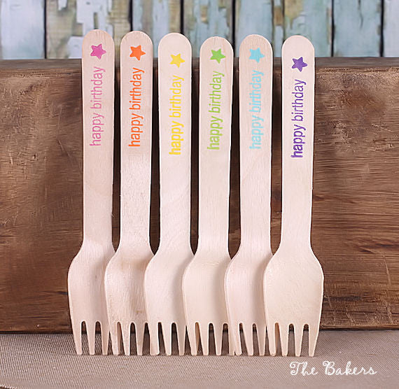Bright Rainbow Wooden Forks: Happy Birthday | www.sprinklebeesweet.com