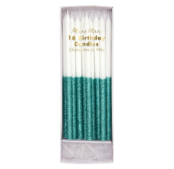 Glitter Dipped Teal Candles: 5.5" | www.sprinklebeesweet.com