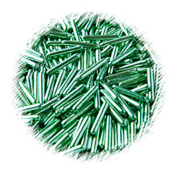 Metallic Green Rod Dragees Jar by CK | www.sprinklebeesweet.com