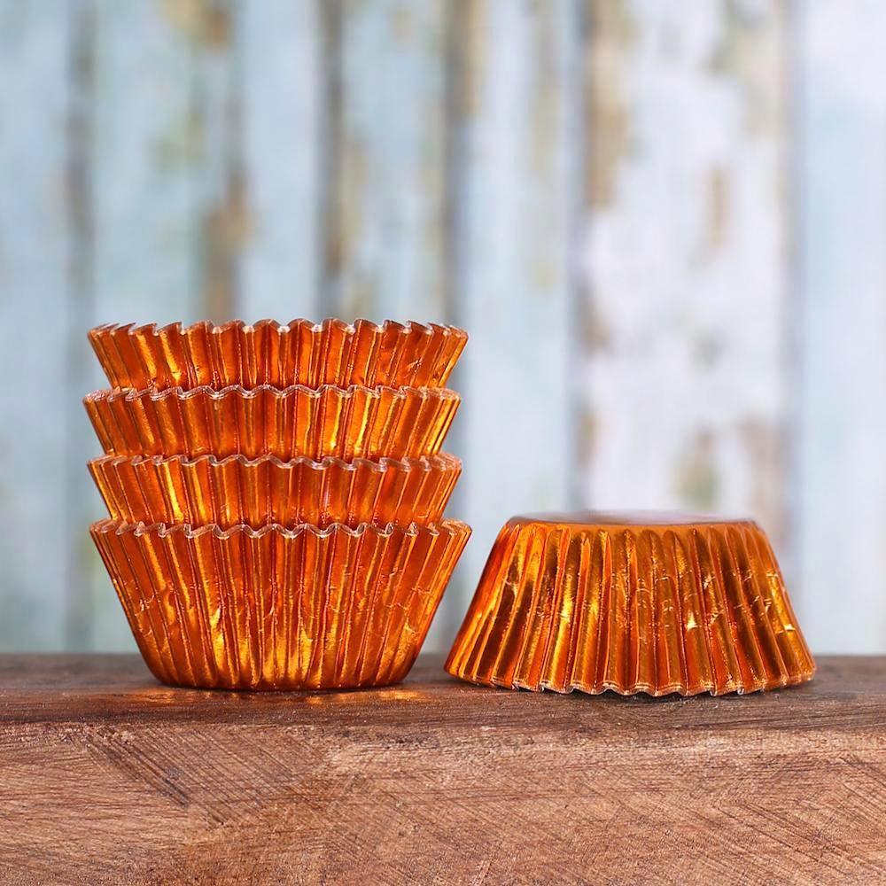 Bulk Mini Cupcake Liners: Orange Foil | www.sprinklebeesweet.com