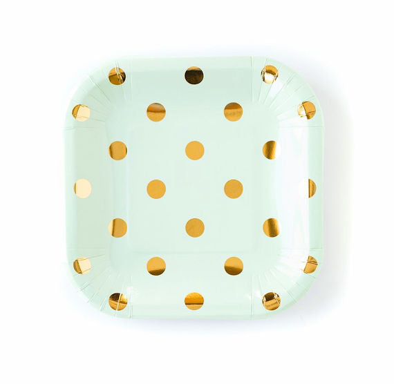 Mint Plates with Gold Foil Polka Dots | www.sprinklebeesweet.com