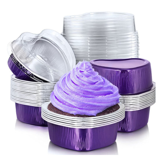 Foil Heart Shaped Snack Cake Pans with Lids: Purple | www.sprinklebeesweet.com