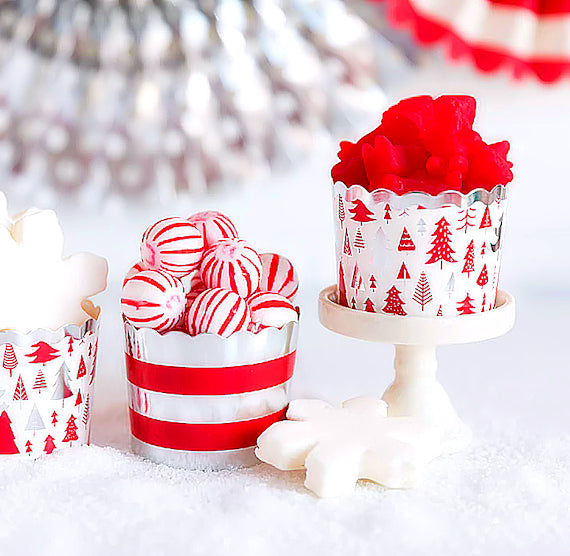 Christmas Baking Cups: Silver Trees + Stripes | www.sprinklebeesweet.com