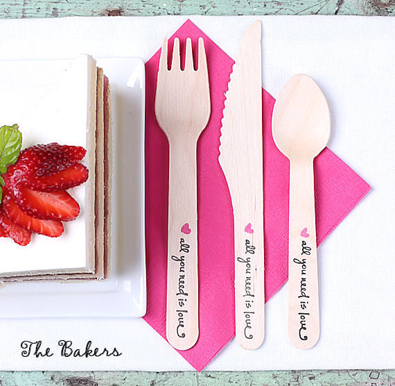 Wedding Wooden Utensil Set with Forks, Knives, Spoons with "all you need is love" (Setting for 12) | www.sprinklebeesweet.com