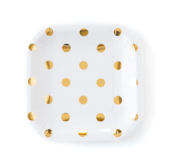Creamy White Plates with Gold Foil Polka Dots | www.sprinklebeesweet.com